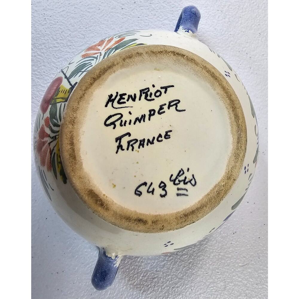 Vintage Henriot Quimper Signed Sugar Bowl Breton Man Yellow Blue Stripe